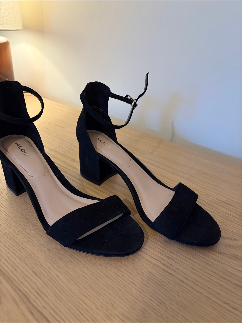 Aldo Black Suede Block Heel Ankle-Strap Sandals